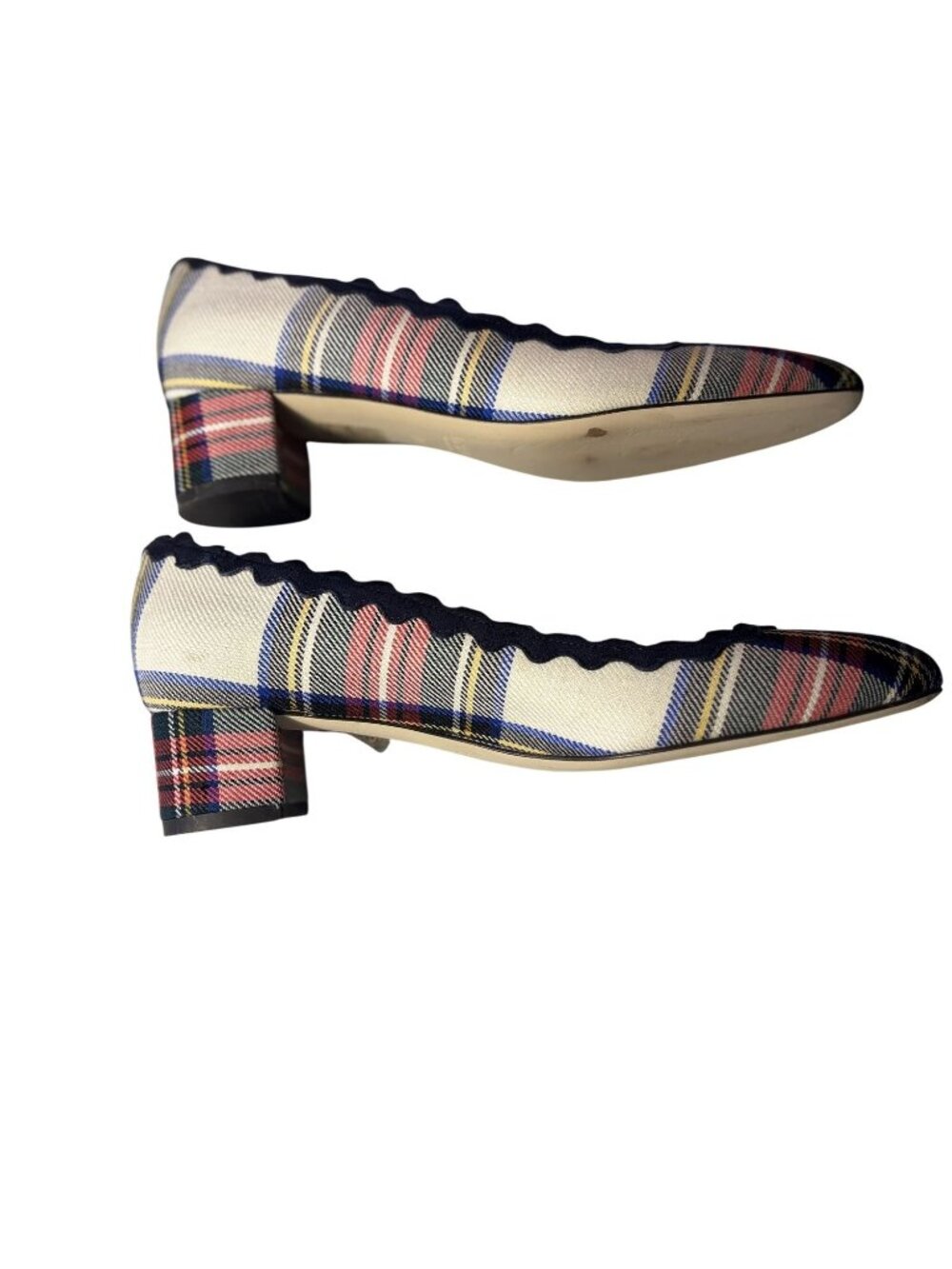 Plaid Scalloped Ballet Flats With Block Heel By J.Crew Size 8.5 Red/Navy Multi - Picture 5 of 10